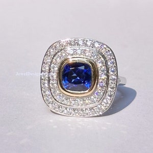 Art Deco Ring, Blue Sapphire Cushion Diamond Engagement Ring, Double Halo Wedding Ring, Bezel Set Ring, Promise Ring, Silver Two Tone Ring