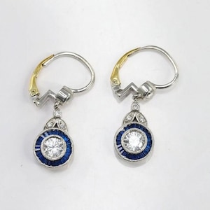 Vintage Art Deco Earrings, Round & Sapphire Diamond Edwardian Earrings, Lever Back Earrings, Sapphire Earrings, 14K White Gold Over Earrings