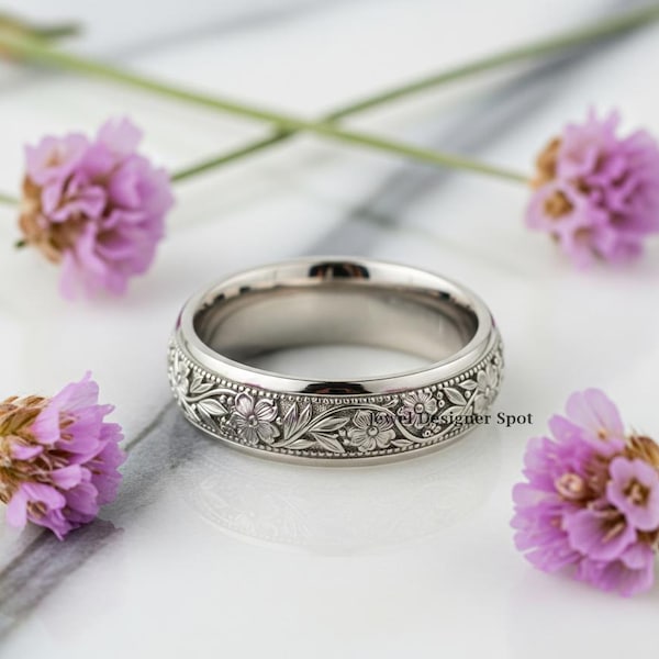 Vintage Style Wedding Band, Daisy Flower And Leaf Wine Engraved Wedding Band, No Diamond Filigree Band, Nature Inspire Band, 925 Silver Ring