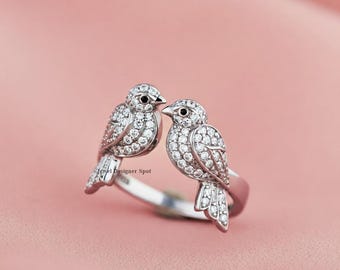 Bird Inspired Ring, Open Cuff Adjustable Sparrow Bird Ring, Love