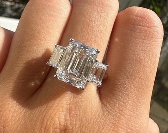 Three Stone Ring, Emerald Cut Moissanite Engagement Ring, Large Stone Ring, Moissanite Wedding Ring, Trio Diamond Ring, 925 Silver Ring