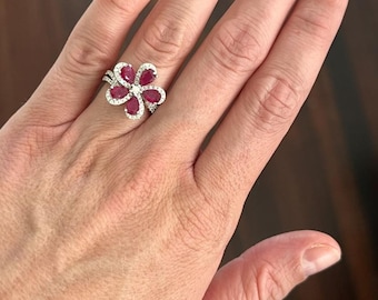 Floral Style Ring, Pink Ruby Ring, Round & Pear Cut Diamond Engagement Ring, Double Shank Ring, Ruby And Halo Wedding Ring, 925 Silver Ring