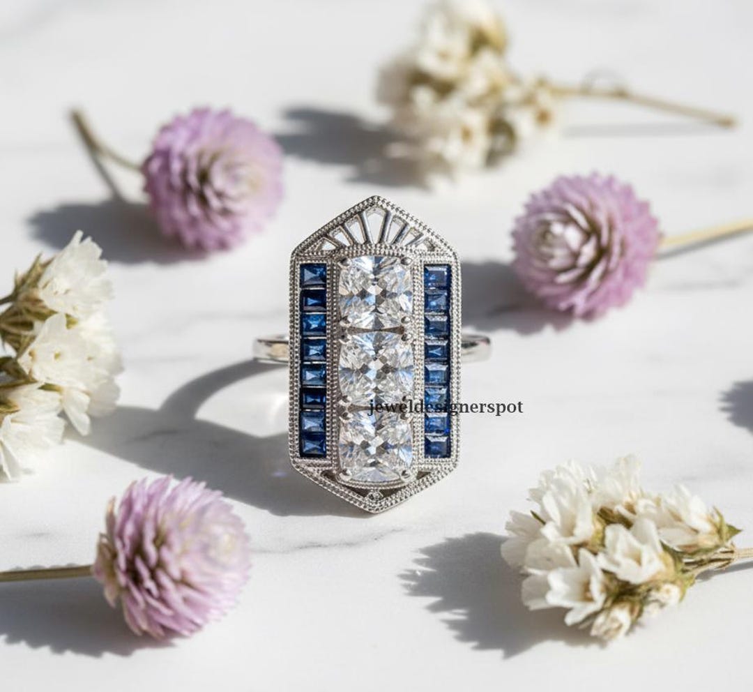 Dutch Shape Ring Retro Edwardian Art Deco Ring, Three Stone Cushion Cut Diamond Ring ...