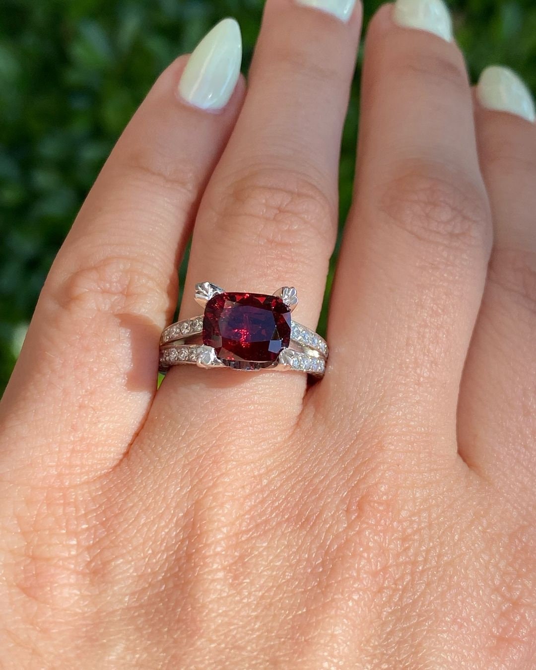Split Shank Ring, Red Ruby Ring, Cushion & Round Cut Diamond Engagement ...