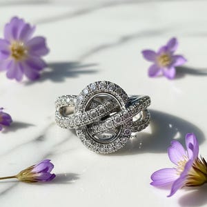 Infinity Iced Out Ring, Round Cut Diamond Engagement Ring, Crossover Overlapping Ring, Criss Cross Pave Set Ring, 925 Sterling Silver Ring