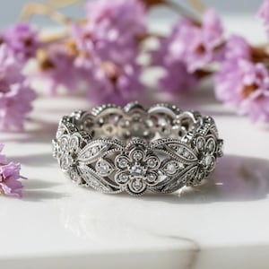 Art Deco Vintage Style Band, 1980 Retro Wedding Band, Round Cut Engagement Floral Band, Milgrain& Bezel Set Band,Nature Inspired Silver Ring