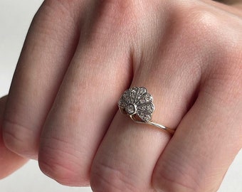 Spring Sale, Circa 1920s Art Deco Ring, Fan Shaped Ring, Milgrain Ring, Bezel Set Wedding Ring, Round Cut Engagement Ring, 925 Silver