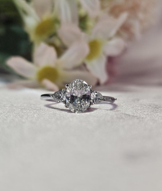 Spring Sale, Three Stone Oval Pear Cut Moissanite Wedding Ring