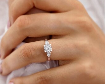 Three Stone Ring, Round & Pear Cut Moissanite Engagement Ring, Unique Trinity Diamond Anniversary Ring For Her, Trilogy Ring, 925 Silver