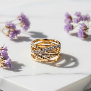 Crossover Diamond Ring, Four Row Diamond Ring, Round Cut Moissanite Engagement Ring, Infinity Criss Cross Ring For Her, Two Tone Silver Ring