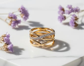 Crossover Diamond Ring, Four Row Diamond Ring, Round Cut Moissanite Engagement Ring, Infinity Criss Cross Ring For Her, Two Tone Silver Ring