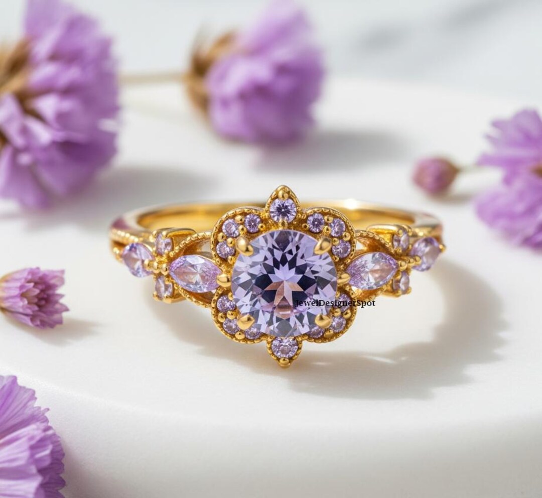 Art Deco Lavender Five Stone Ring, Vintage Purple Amethyst