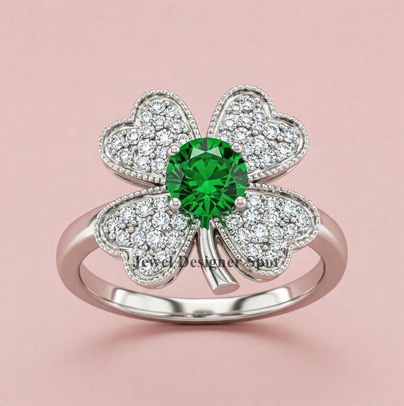Lucky Shamrock Silver Ring, Round Cut Green Sapphire Ring, Irish