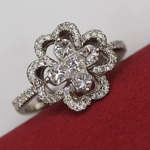 Antique Floral Style Ring, Five Stone Wedding Ring, Round Cut Moissanite Engagement Ring, Four Leaf Clover Style Ring, Unique 925 Silver