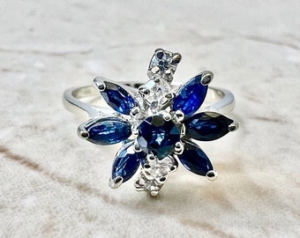 Vintage Blue Sapphire Ring, Floral Style Ring, Round & Marquise Cut Diamond Engagement Ring, Unique Halo Wedding Ring, 925 Sterling Silver