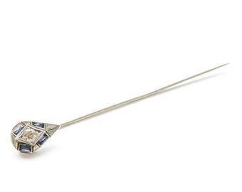 Blue Sapphire Vintage Style Hat Pin, Round & Baguette Cut Diamond Hat Pin, Unique Filigree Ring, Queen Elizabeth Hat Pin, 925 Silver Hat Pin