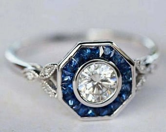 Art Deco Ring, Round Cut Diamond Ring, Bezel Set Ring, Sapphire Halo Engagement Ring, Split Shank Ring, Vintage Ring, Sterling Silver Ring