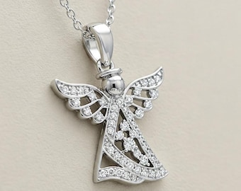 Angel Necklace Silver, Guardian Diamond Necklace, Angel Wings Pendant, Linked Chain Necklace, Spiritual Silver Jewelry, Elegant Angel Charm