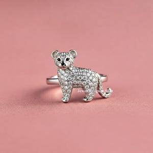 Cute Baby Panther Ring, Vintage Style Animal Inspired Ring, Leopard Ring, Diamond Panther Ring, Wild Cat Dainty Animal Ring, 925 Silver Ring