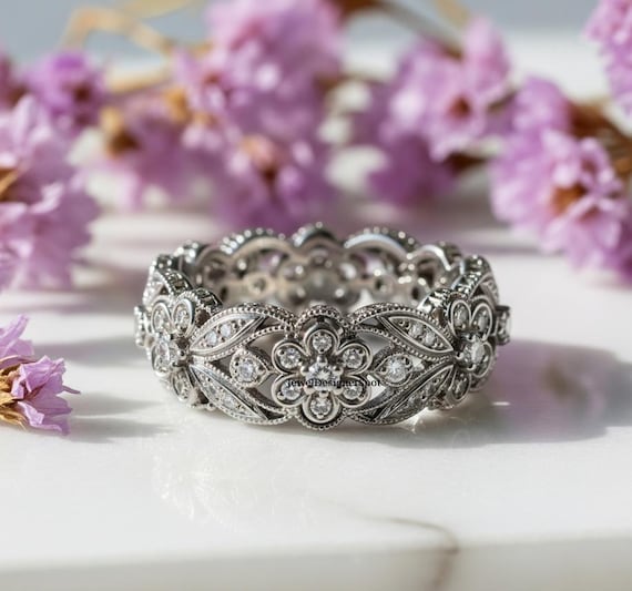 Art Deco Vintage Style Band, 1980 Retro Wedding Band, Round Cut Engagement Floral Band, Milgrain& Bezel Set Band,Nature Inspired Silver Ring