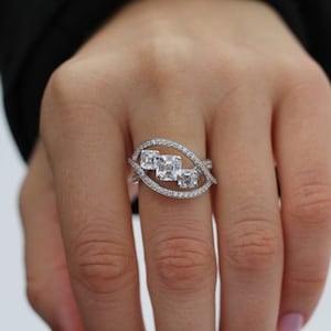 Criss Cross Ring, Three Stone Ring, Asscher & Round Cut Moissanite Wedding Ring, Round Cut Pave Set Diamond Ring, 925 Sterling Silver Ring