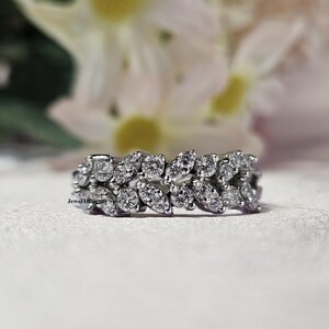 Half Eternity Ring, Leaf Inspired Diamond Ring, Split Shank Wedding Ring, Round Cut Moissanite Engagement Ring, 925 Sterling Silver Ring