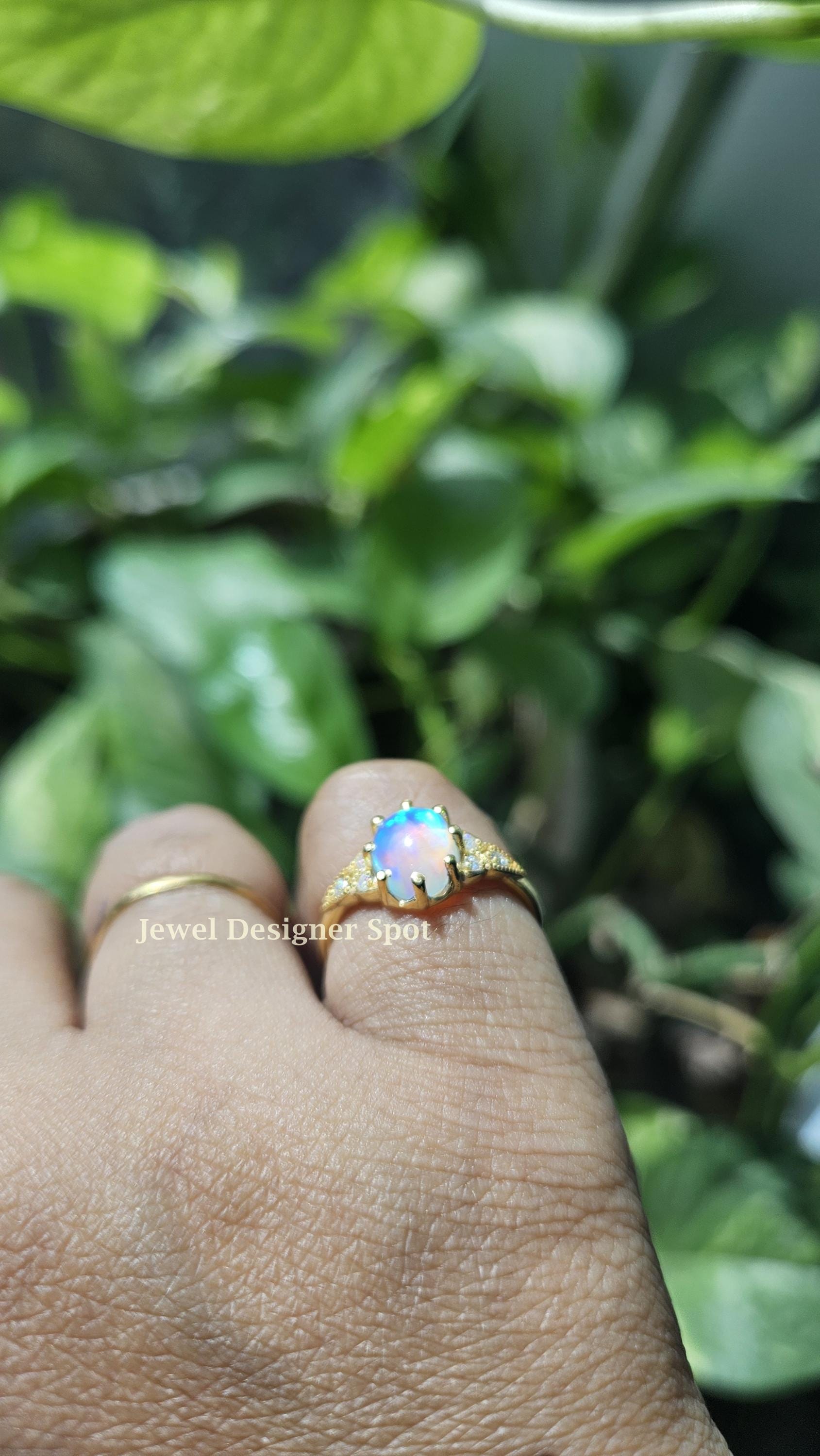 Art Deco Vintage Band, Seven Stone Oval Cut Semi Precious Opal Stone ...