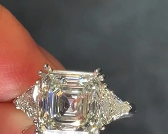 Asscher & Trilliant Cut Moissanite Engagement Ring, Tripple Prong Ring, V shaped Prong Ring, Celebrity Inspired Three Stone Ring, 925 Silver