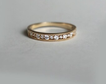 Vintage Milgrain Band, Art Deco Band, Half Eternity Wedding Band, Round Cut Moissanite Engagement Band, Stackable Band, 925 Silver Band Ring