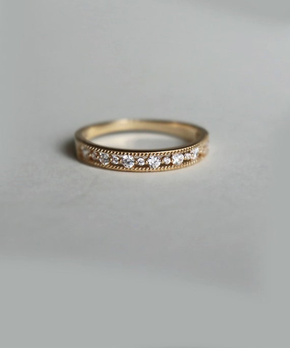 Vintage Milgrain Band, Art Deco Band, Half Eternity Wedding Band, Round Cut Moissanite Engagement Band, Stackable Band, 925 Silver Band Ring