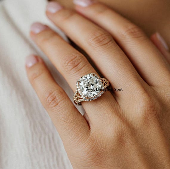 Vintage Art Deco Ring, Cushion Cut Diamond Engagement Ring, Halo