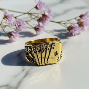 Poker Ring, Playing Card Enameled Engagement Ring, Card Suit Silver Ring, Poker Card Men&#39;s Ring, Playing Card Jewelry, Gold Plated Silver