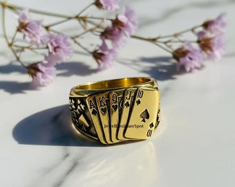 Poker Ring, Playing Card Enameled Engagement Ring, Card Suit Silver Ring, Poker Card Men's Ring, Playing Card Jewelry, Gold Plated Silver
