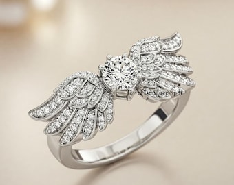 Angel Wing Ring, Round Cut Diamond Engagement Ring, Wings Diamond Ring, Guardian Angel Diamond Ring, Winged Jewelry, 925 Silver Ring