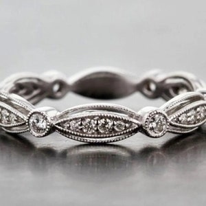 Art Deco Band, Eternity Wedding Band, Round CZ Diamond Engagement Ring, Bezel Set Milgrain Ring, Matching Wedding Band, Stackable Band