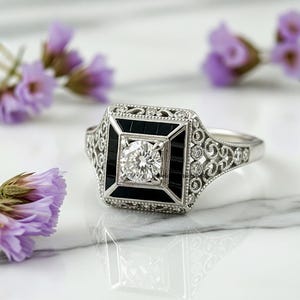 Vintage Art Deco Ring, Black Onyx Calibre Cut Halo Diamond Ring, Round Cut Diamond Wedding Ring, Scrollwork Filigree Ring, 925 Silver Ring