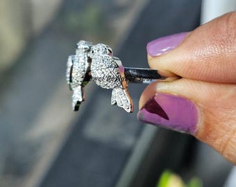 Bird Inspired Ring| Open Cuff Adjustable Sparrow Bird Ring| Pavé