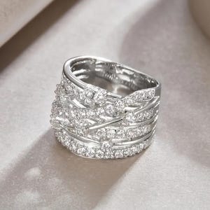 Crossover Diamond Ring, Seven Row Diamond Ring, Round Cut Moissanite Engagement Ring, Criss Cross Ring, Anniversary Gift, 925 Silver Ring