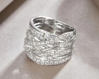 Crossover Diamond Ring, Seven Row Diamond Ring, Round Cut Moissanite Engagement Ring, Criss Cross Ring, Anniversary Gift, 925 Silver Ring
