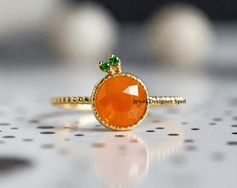 Easter Sale, Orange Fruit Diamond Ring, Vintage Milgrain Orange Ring, Fruit Diamond Bezel Ring, Emerald Leaf Ring, Gold Plated Silver Ring