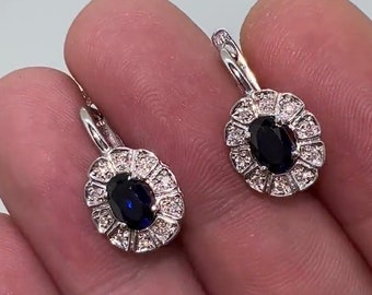Vintage Art Deco Floral Earrings, Floral Halo Earrings, Oval Cut Diamond Earring, Blue Sapphire Latch Back Earrings, 925 Silver Earrings