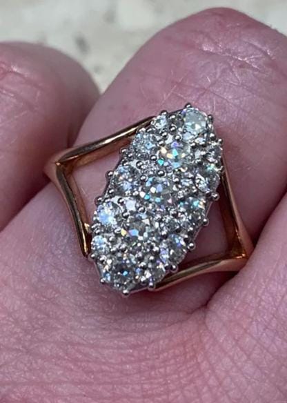 Vintage Art Deco Split Shank Cluster Ring, Bella Engagement Ring, Antique Oval Shaped Rose Round Cut Diamond Wedding Ring, Two Tone Silver
