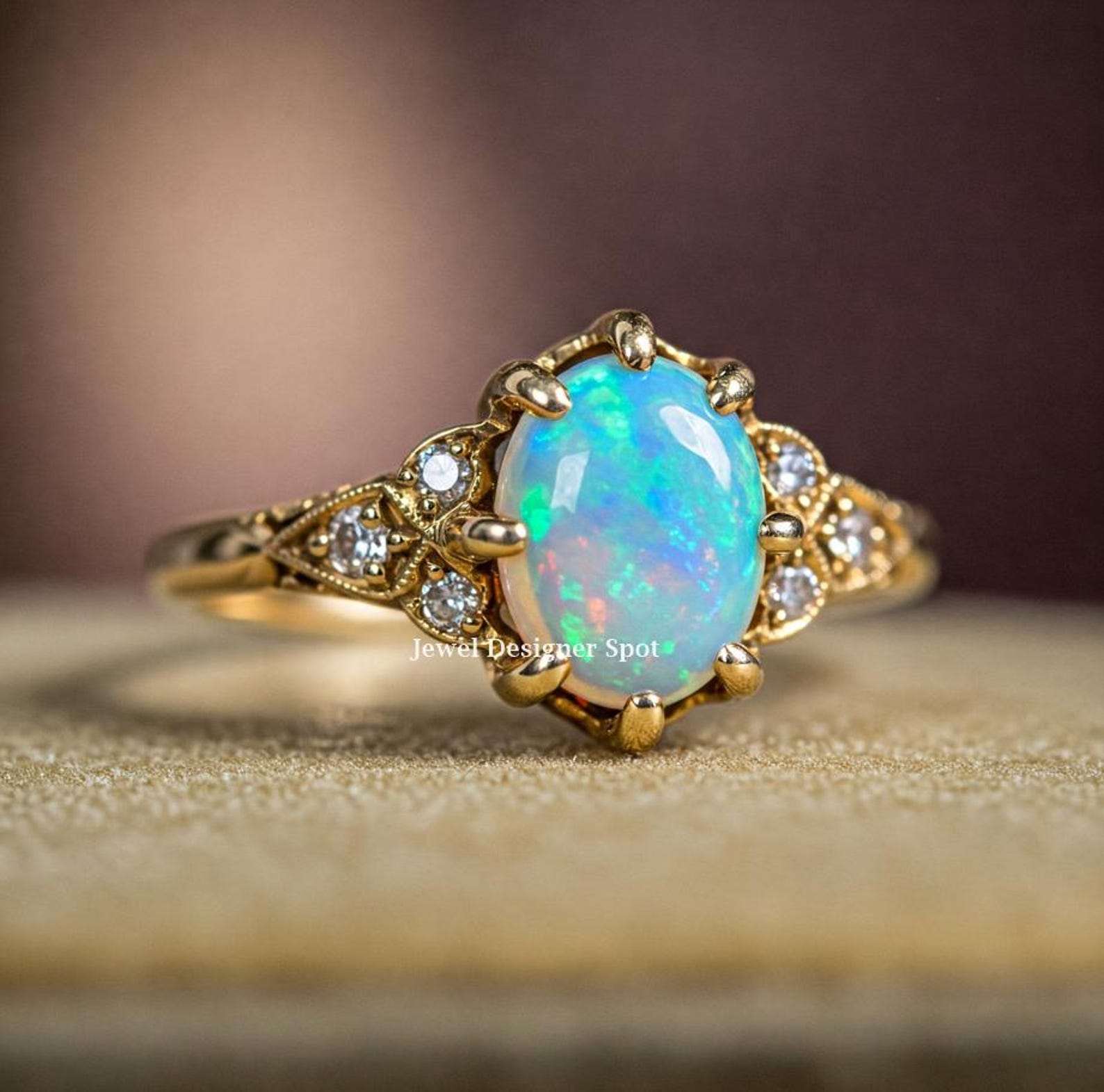Art Deco Vintage Band, Seven Stone Oval Cut Semi Precious Opal Stone ...