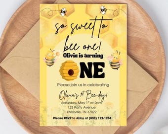 Editable Bee Birthday Invitation | Girl 1st Birthday, Canva Template (Digital Download)