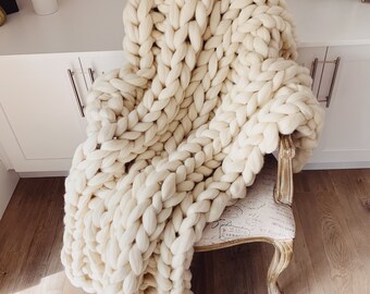 Chunky Knit Blanket, Chunky Wool Blanket, Large Chunky Blanket, USA Handmade