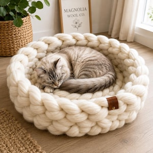 May include: A round, cream-colored pet bed made of thick, chunky knit yarn with a soft, braided texture. A light-colored tabby cat is curled up sleeping inside the bed. A small, rectangular brown leather tag is attached to the side of the knit.