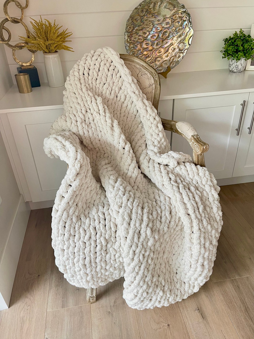 Chunky Knit Blanket: Vegan Chenille Cable Knit, USA Handmade - Etsy