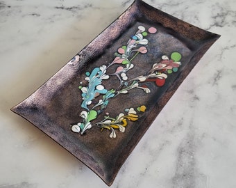 Vintage Mid-Century Modern Japanese Enamel Tray, Floral Metal Trinket Dish, Elegant Home Decor, Perfect for Jewelry & Small Items
