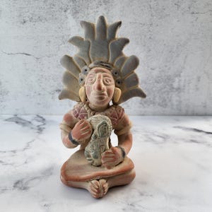 Vintage Mayan style terracotta figurine, hand sculpted tribal statue, Mesoamerican folk art, indigenous pottery collectible decor