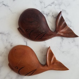 Vintage Hand-Carved Wood Whales - Set of 2 - Nautical Home Decor - Artisan Carved Whales - Unique Coastal Accent